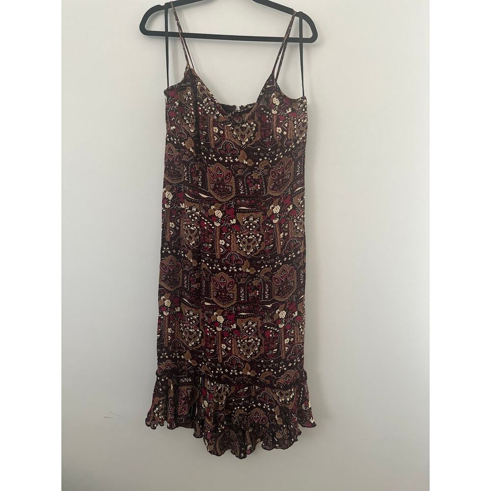 Scarlett Paisley Slip Mini Dress Womens Size 5/6 Brown Red Boho Ruffle Casual